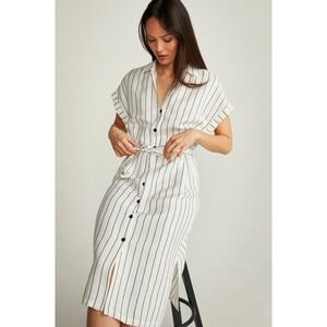 Stockh LM Wilma Linen Blend Pinstripe Button Midi Shirt Dress White Black Size M